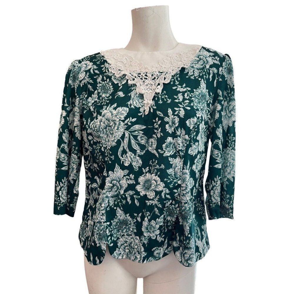 Ladies Large Green And White Floral Blouse Lace Collar Top Vintage Jenny Petites